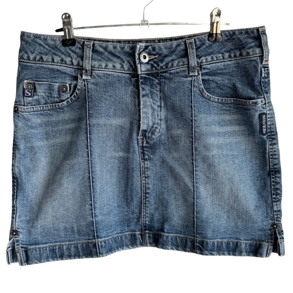 Vintage 90s Y2K Silver Jeans Blue Denim Skirt Sz 30 Medium Wash Patch Stretch